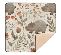 Cute Hippo Watercolors Flowers Brown Khaki Large Non-Slip Baby Activity Play Mat for Floor Waterproof Padded Play Mat for Babies Infants Toddlers, 50'' x 50''