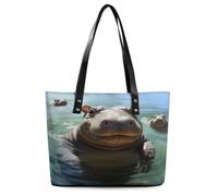 Cute Hippos Tote Bag Large Soft Leather Purse with Zipper Lightweight Ladies Shoulder Handbag