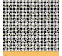 Cute Honeybee Upholstery Fabric for Chairs Black and White Buffalo Checkered Fabric by The Yard 362"x63", Kawaii Bee Lattice Plaid Beetles Honey Outdoor Fabric