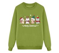 Cute Hoodies Casual Christmas Shirt for Girls with Cat/Snowflake/Santa Claus Typography Graphic and Crew Neck Long Sleeves Sweatshirt Green