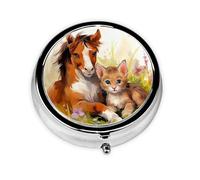Cute Horse and Cat Print Pill Box 3 Compartments Round Pill Organizer Metal Waterproof Portable Pill Case for Pocket or Purse Vitamin/Fish Oil/Pills/Supplements