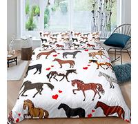 Cute Horse Bed Linen for Kids Girls Ponies Heart Bedding Set Cartoon Farm Animals Duvet Cover Horse Fuzzy Bedding &Linen Kids Bedding Wildlife Comforter Cover King Bed Cover with 2 Pillowsham