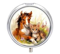 Cute Horse Cat Pill Box 3 Compartment Travel Pill Organizer 3 Times A Day Cute Mini Pill Case for Purse & Pocket Portable Metal Medicine Box with Mirror Round Daily Medicine Vitamin Container