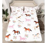 Cute Horse Fitted Sheet King Size, Watercolor Flower Floral Bed Cover with 2 Pillowcases, Cartoon Animal Bedding Set 3pcs for Kids Boy Girls Room Decor, Soft Polyester Bedding