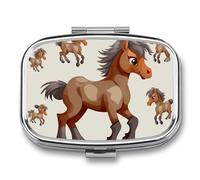 Cute Horse Pill Box 2 Compartment, Portable Pill Case with Mirror for Pocket Purse Travel, Mini Metal Medicine Organizer for Vitamins Fish Oil