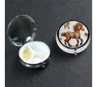 Cute Horse Pill Box with Mirror 3 Compartment Decorative Pill Case for Purse or Pocket Small Round Pill Organizer Weekly Metal Medicine Tablet Vitamin Holder Travel Gift
