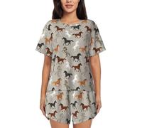 Cute Horse Print Comfy Women'S Pajama Set, Short Sleeve Button Sleepwear, Cute Soft Lounge Nightwear, Black, 3XL