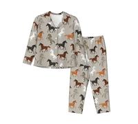 Cute Horse Print Women'S Pajama Set, Long Sleeve Button Down Pjs Sleepwear, Cozy Lounge Nightwear, Black, L