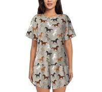 Cute Horse Womens Pajama Sets Comfy Short Sleeve Sleepwear Tops And Shorts Cute Pjs 2 Piece Lounge Set S-Xxl, Black, L