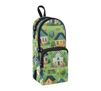 Cute Houses Green Pencil Case, Big Capacity Pen Bag with Compartment Students Schoolbag Shape Stationery Organizer Pencil Pouch Marker Case for School Office Work