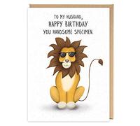 Cute husband birthday greeting card, Happy Birthday you handsome specimen, Funny Lion Illustration