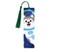 Cute Husky Astronauts On Space Wooden Bookmarks for Book Lovers, Handmade DIY Book Mark with Colorful Tassels Double-Sided Printed Page Markers Artistic Book Accessories Gift for Women Men