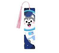 Cute Husky Astronauts On Space Wooden Bookmarks for Book Lovers, Handmade DIY Book Mark with Colorful Tassels Double-Sided Printed Page Markers Artistic Book Accessories Gift for Women Men