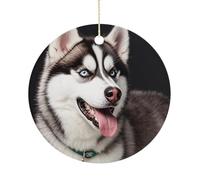 Cute Husky Dog Double-Sided Ceramic Christmas Ornaments - Round Hanging Mini Xmas Tree Decorations, Ideas for Farmers, Rustic Home Decor for Indoor Outdoor Tree Decor