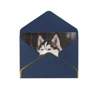 Cute Husky Dog Printed Pearl Paper Greeting Card, Blue - Folded Blank Cards with Gold Trim for Weddings, Birthdays, Christmas
