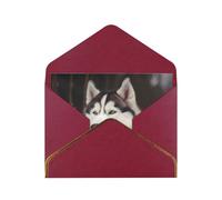 Cute Husky Dog Printed Pearl Paper Greeting Card, Dark Red - Folded Blank Cards with Gold Trim for Weddings, Birthdays, Christmas