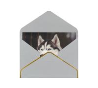 Cute Husky Dog Printed Pearl Paper Greeting Card, Light Grey - Folded Blank Cards with Gold Trim for Weddings, Birthdays, Christmas