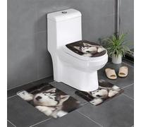 Cute Husky Dog Printed Printed Flannel Anti-Slip Bath Mat Set of 3-60x40cm | Bathroom Rug Set - Bath Mat + U-Shaped Pedestal Mat + O-Shaped Toilet Seat Cover