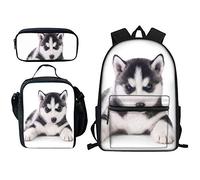 Cute Husky Dog School Bag and Lunch Bag Set for Girls Cute Elementary Junior Backpack Rucksack Small Lunchbox Pencil Case Balck