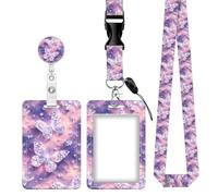 Cute ID Badge Holder with Retractable Badge Reel Clip and Lanyard, Vertical Name Tag Card Holder for Nurse Teacher Doctor Student - Crystal Butterfly