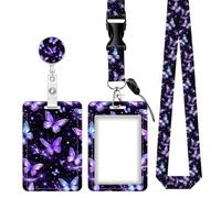 Cute ID Badge Holder with Retractable Badge Reel Clip and Lanyard, Vertical Name Tag Card Holder for Nurse Teacher Doctor Student - Purple Blue Butterfly