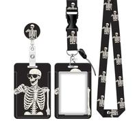 Cute ID Badge Holder with Retractable Badge Reel Clip and Lanyard, Vertical Name Tag Card Holder for Nurse Teacher Doctor Student - Human Skeleton