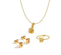 Cute Initial Jewelry Set Snake Bead Chain Necklace Bubble Letter Pendant Gold Stainless Steel Initial Earrings Open Adjustable Capital Letter Rings for Women Teens Personalized Jewelry Gift, S