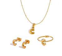 Cute Initial Jewelry Set Snake Bead Chain Necklace Bubble Letter Pendant Gold Stainless Steel Initial Earrings Open Adjustable Capital Letter Rings for Women Teens Personalized Jewelry Gift, S