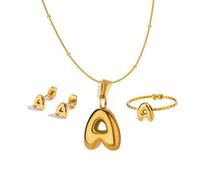 Cute Initial Jewelry Set Snake Bead Chain Necklace Bubble Letter Pendant Gold Stainless Steel Initial Earrings Open Adjustable Capital Letter Rings for Women Teens Personalized Jewelry Gift, S