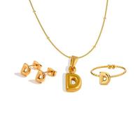 Cute Initial Jewelry Set Snake Bead Chain Necklace Bubble Letter Pendant Gold Stainless Steel Initial Earrings Open Adjustable Capital Letter Rings for Women Teens Personalized Jewelry Gift, S