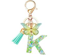 Cute Initial Letter Keychains with Butterfly Tassel, Green Alphabet Key Chains Pendant Key Ring for Wallet Backpacks Bag, K, Medium