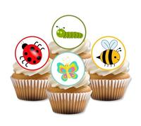 Cute Insect Edible Cupcake Toppers - Bumble Bee, Ladybird, Caterpillar, Butterfly, Fun Bug-Themed Cake Decorations for Birthdays & Garden Parties - Wafer Card 24 x 4cm/1.5 Inch Disc (UNCUT)