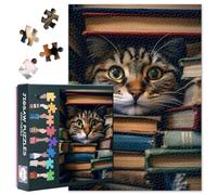 Cute Jigsaw Puzzles 1000 Pieces for Adults,A Curious Cat Peeking Out from Behind a Stack of Books Jigsaw Puzzle Challenge Impossible Gift for Cat Lovers - 19.7" x 27.5"