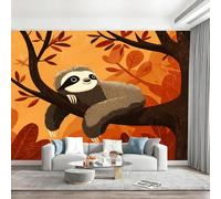Cute Jungle Animal Sloth Wallpaper Paste The Wall 400x280cm(W x H) Mural Wallpaper 3D Effect for Living Room Fireplace Feature Wallpapers Orange Plant Leaves Wall Mural Bedroom