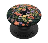 Cute Kawaii Black Kitten Neko Cat In Flower Garden PopSocket Phone Grip - Anime Kawaii Cat Hiding In Colorful Spring Flower - Adhesive PopGrip - Compatible With Smooth, Hard, Plastic Cases - Black