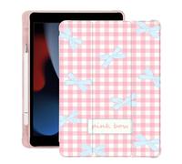 Cute Kawaii Bow Plaid for iPad Air5/Air4 Case with Pencil Holder, Auto Sleep/Wake, Pink Leather Soft TPU Back Cover for iPad 10.9 Inch 2022/2020