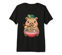 Cute Kawaii Capybara Eating Noodles with Turtle on Head Premium T-Shirt