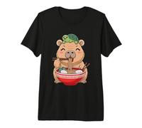Cute Kawaii Capybara Eating Noodles with Turtle on Head Premium T-Shirt
