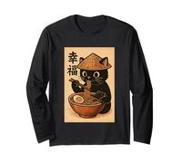 Cute Kawaii Cat Eating Ramen Noodle Retro Japanese Anime Cat Long Sleeve T-Shirt