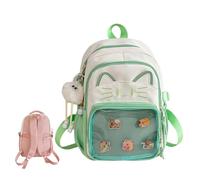 Cute Kawaii Cat Ita Backpack with Pin Display - Girls & Women’s Y2K School Bag, Nylon Daypack with Plush Charm & 5 Badges, 2 Sizes (Green, 34cm)