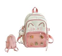 Cute Kawaii Cat Ita Backpack with Pin Display - Girls & Women’s Y2K School Bag, Nylon Daypack with Plush Charm & 5 Badges, 2 Sizes (Pink, 34cm)