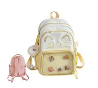Cute Kawaii Cat Ita Backpack with Pin Display - Girls & Women’s Y2K School Bag, Nylon Daypack with Plush Charm & 5 Badges, 2 Sizes (Yellow, 34cm)