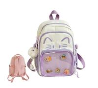 Cute Kawaii Cat Ita Backpack with Pin Display - Girls & Women’s Y2K School Bag, Nylon Daypack with Plush Charm & 5 Badges, 2 Sizes (Purple, 34cm)