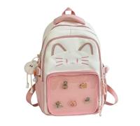 Cute Kawaii Cat Ita Backpack with Pin Display, Kawaii Cat Ita Bag Backpack, Cute Transparent Y2k Style Backpack, Travel School Bag with Plush Charm & 5 Badges (Pink)