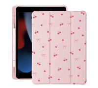 Cute Kawaii Cherry Bow for iPad 7th/8th/9th Generation Case with Pencil Holder, Auto Sleep/Wake, Pink Leather Soft TPU Back Cover for iPad 10.2 Inch 2019/2020/2021
