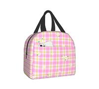 Cute Kawaii Daisy Flower On Pink Green Plaid Lunch Box Bento Box Insulated Lunch Boxes Reusable Waterproof Lunch Bag With Front Pocket For School Office Picnic