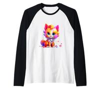 Cute Kawaii Feline Kitten Big Eyes Colorful Animal Art Raglan Baseball Tee
