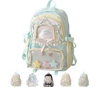 Cute Kawaii School Backpack for Girls Teens, Aesthetic Ita Bag with Transparent Pin Display Insert, Japanese Style Rucksack for School Travel, Preppy Floral Strawberry Print Daypack(Light Green)