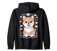 Cute Kawaii Shiba Inu Dog, Fun Puppy Surrounded by Hearts Zip Hoodie