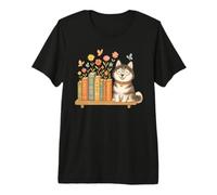Cute Kawaii Siberian Husky Dog Books Flowers Premium T-Shirt